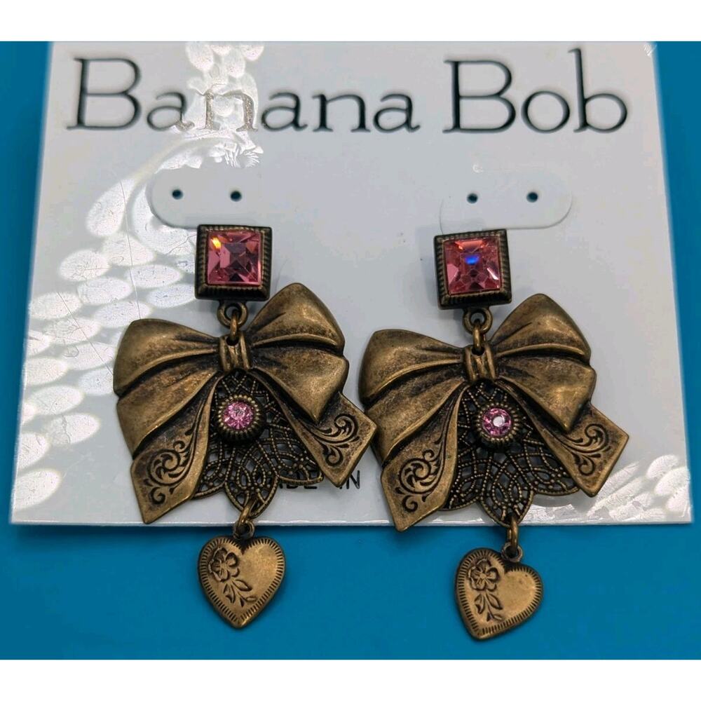 Banana Bob Brass Tone Pink Rhinestone Bow Dangle/Drop Earrings Vintage New
